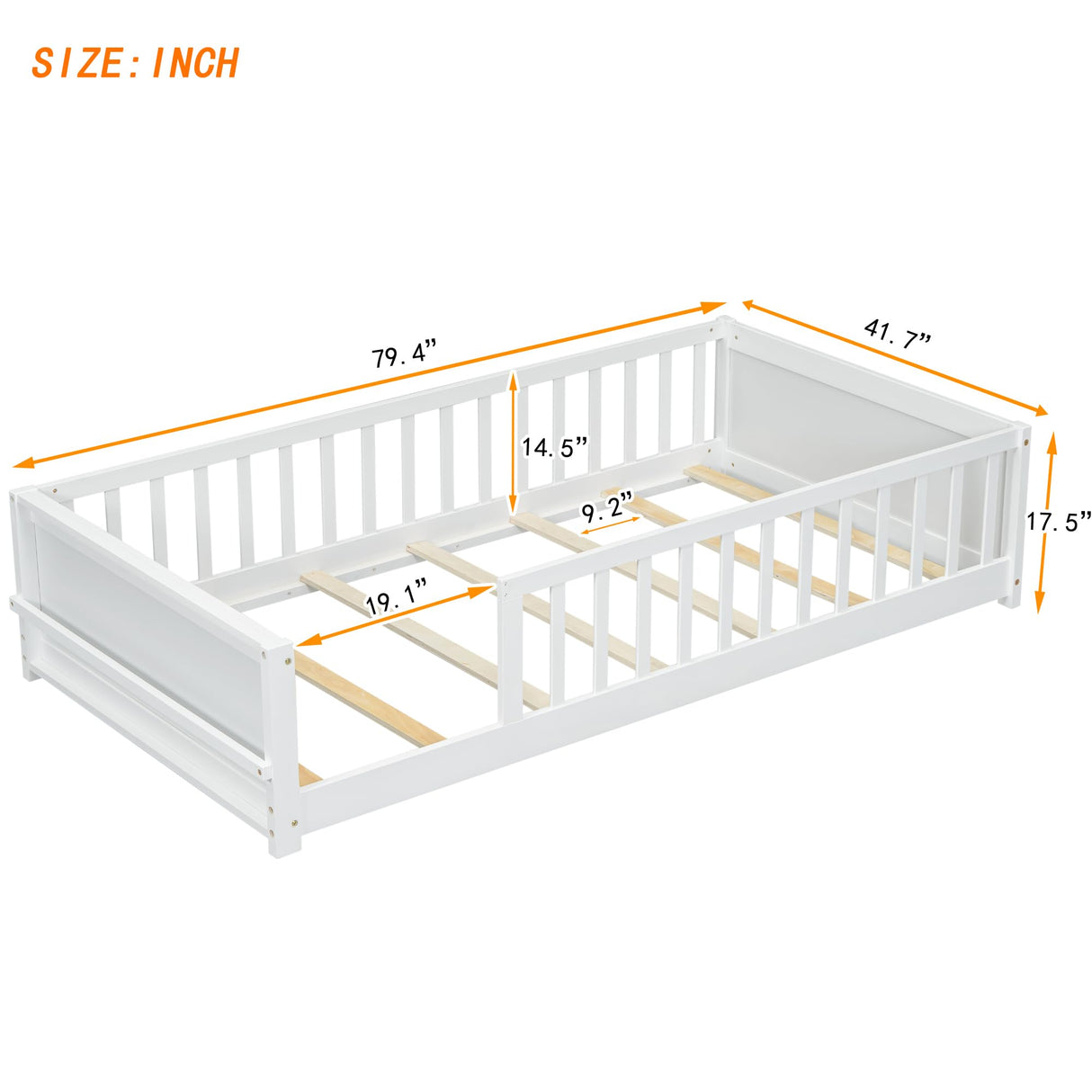 Montessori Floor Bed with Safety Guardrails - Twin Size Solid Pine Wood Frame for Kids - Perfect for Bedrooms and Playrooms (White) ROCKINGRUN