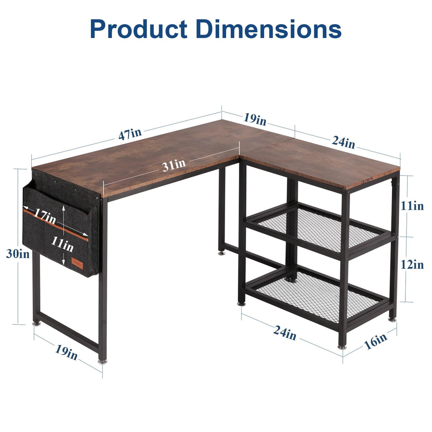 VECELO L Shaped Desk 47 Inch Computer Gaming Study Writing Table, Home Office Workstation with Storage Shelves & Bag, Brown - WoodArtSupply