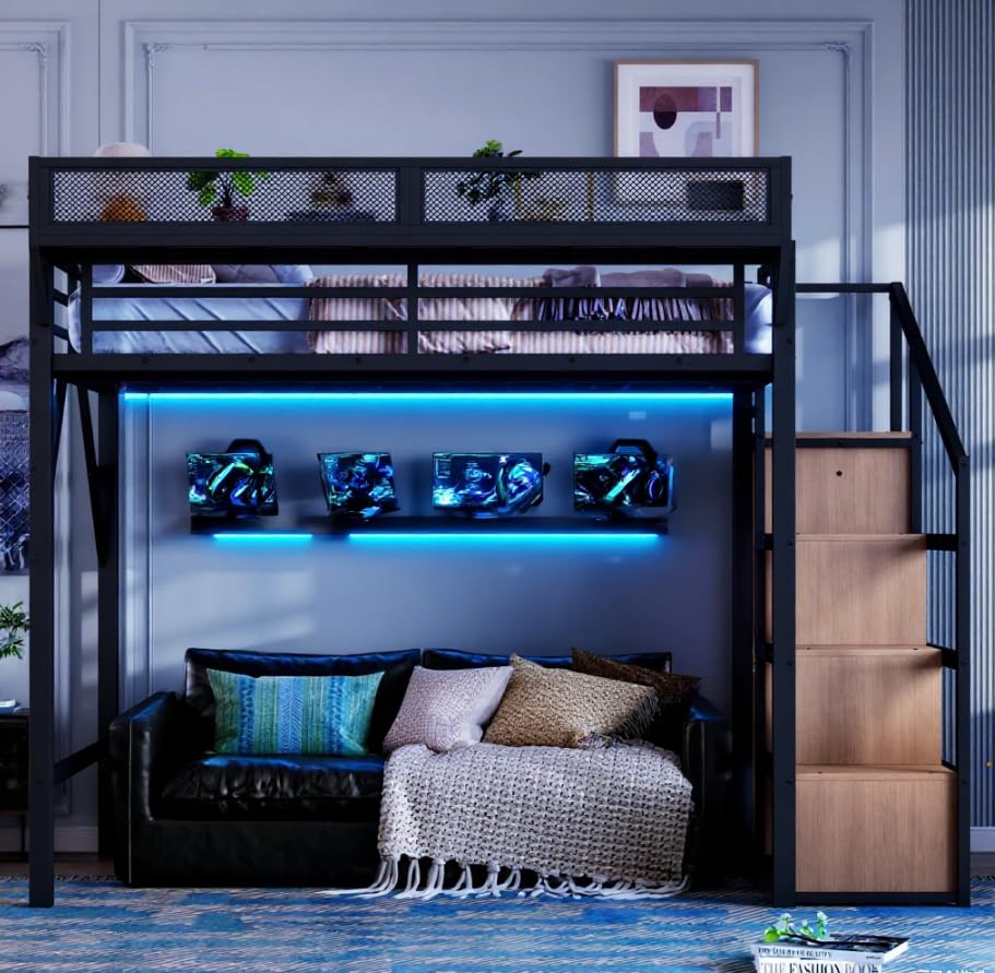 Bellemave Twin XL loft Bed with Storage Stairs, Wardrobe, Shelves, Metal Twin XL Size Loft Bed Frame for Adults, Kids, Teens, Black+Natural Wood Bellemave