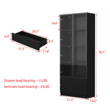 WOODTIME 78.7" H Display Storage Cabinet with Tempered Glass Doors & 3-Color Light, Wooden Curio Cabinet Bookcase Bookshelf with 4-Tier Shelves & 2 Drawers for Home Office Living Room Salon, Black WOODTIME