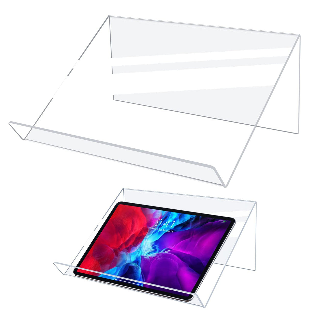 Kamehame Book Stands for Display, 2 Pack Slightly Elevated Clear Acrylic Book Display Stand with 1.5" Ledge, Book Easel Anti-slip Border for Handwriting Reading Art and Laptop, 12"x8.5"x5.1" Kamehame