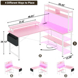 Aheaplus L Shaped Gaming Desk with Power Outlets & LED Lights, Small L- Shaped Desk Computer Corner Desk with Monitor Stand & Storage Shelf, Home Office Desk Writing Desk with Storage Bag, Pink Aheaplus