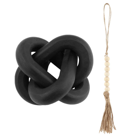 Quixleen Knot Decor Wood Knot Chain Link Decor with Fringed Wooden Bead Decoration Wood Chain Link Decor 3 Knot Hand Carved Natural Decorations for Home Living Room Bedroom(Color:Black) Quixleen