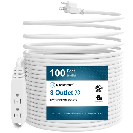 K KASONIC - 100-Feet 3 Outlet Extension Cord, UL Listed, 16/3 SJTW 3-Wire Grounded, 10 Amp 125 V 1625 Watts, Multi-Outlet Indoor/Outdoor Use, White K KASONIC