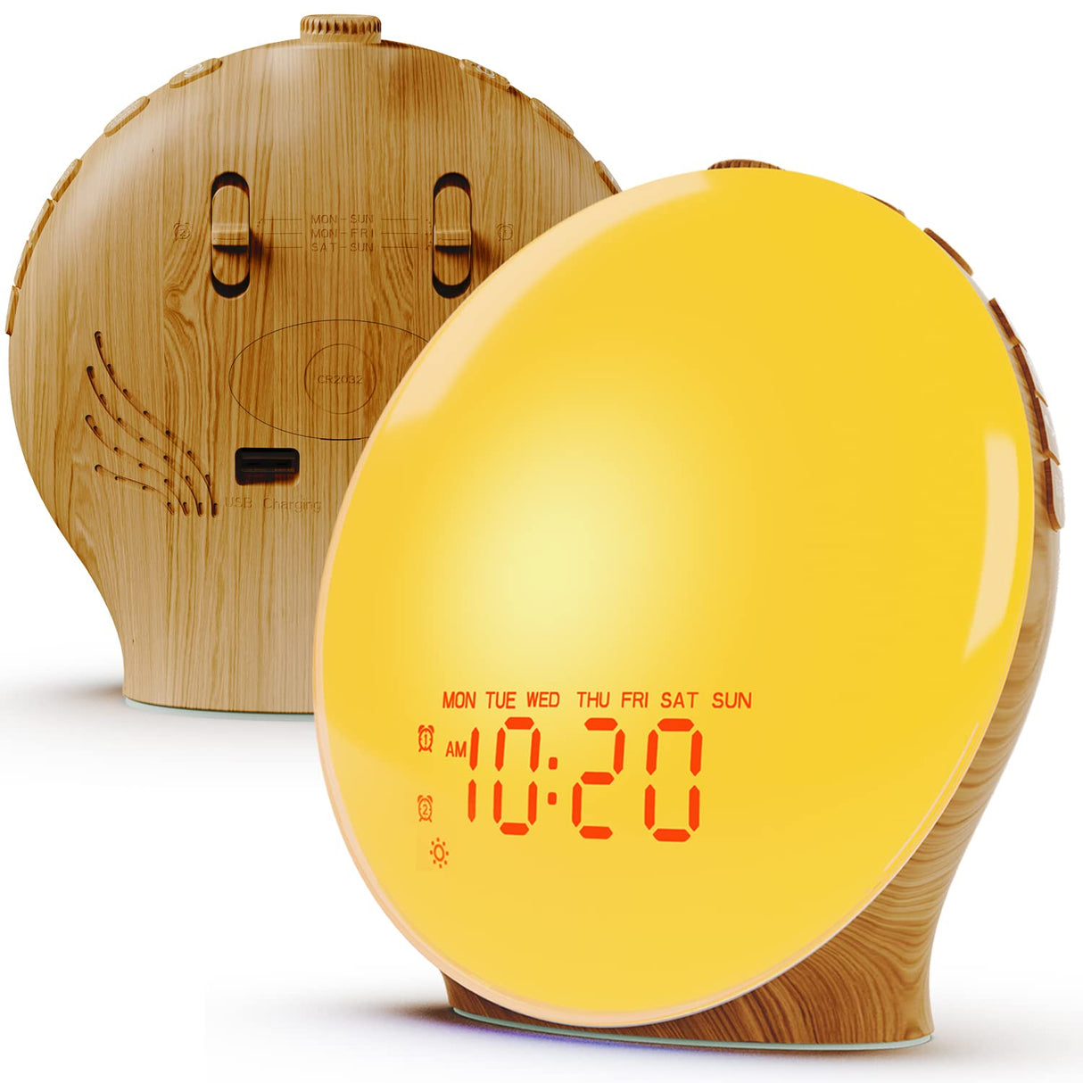 Wake Up Light Sunrise Alarm Clock for Kids, Heavy Sleepers, Bedroom, Full Screen with Sunrise/Sunset Simulation, Dual Alarms, FM Radio, 15 Colorful Nihgt Lights, Natural Sounds, Wood Grain JALL