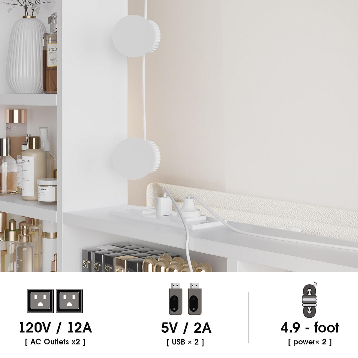 Fameill Makeup Vanity Mirror with Lights, Vanity with stools and Charging Station, LED Lights Makeup Mirror Vanity Set with 5 Drawers and Lots Storage Shelves for Women and Girls, White Fameill