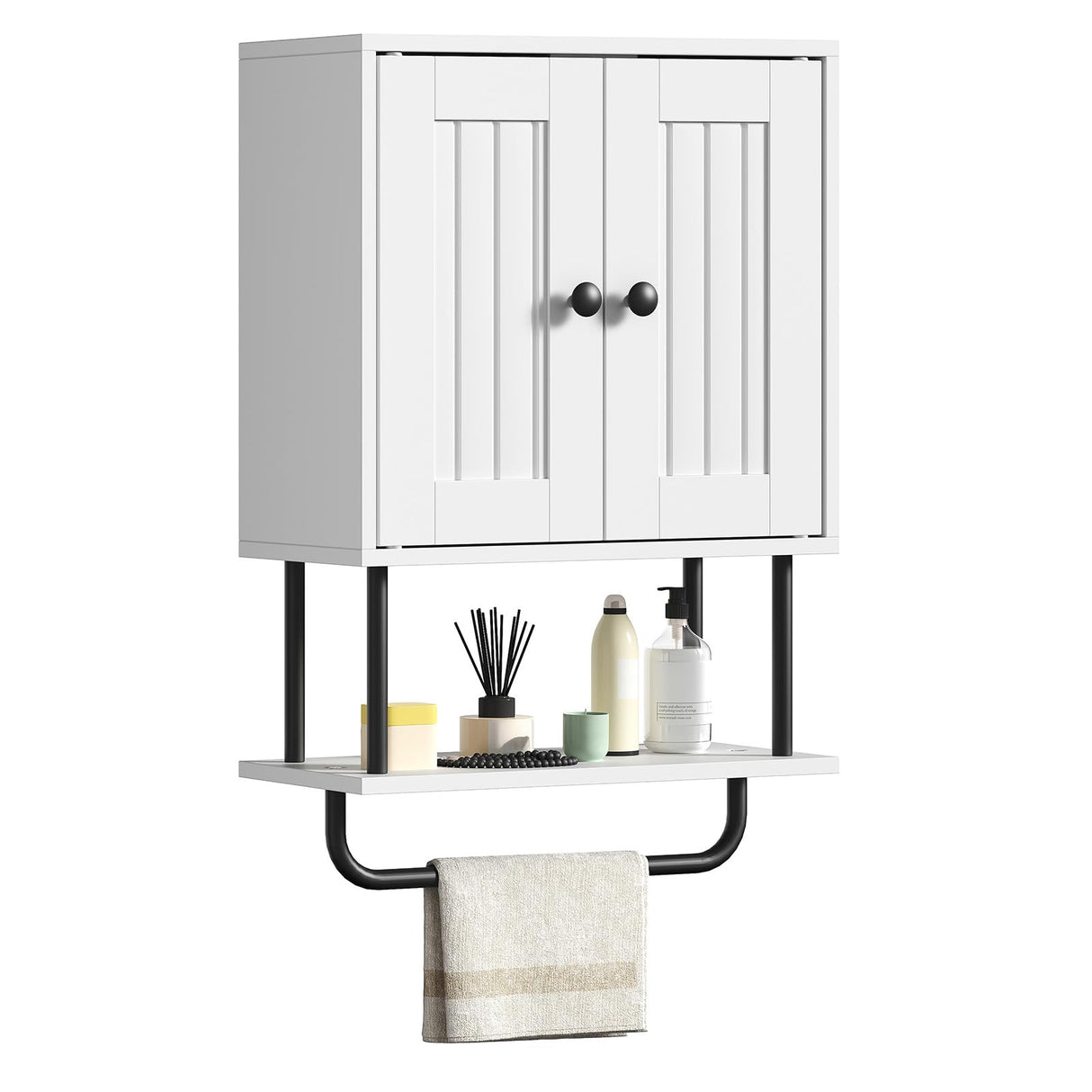 HOOBRO Bathroom Wall Cabinet, Modern Medicine Cabinet with Open and Adjustable Shelf, Over The Toilet Storage Cabinet with Towel Bar, Wall Mounted Organizer for Bathroom, Kitchen, White and Black HOOBRO