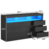 BTHFST Dresser Chest of Drawers with RGB Lights, Power Outlet & Open Shelves, 56.7" W Wood Bedroom Dresser, No-Handle Modern Dresser for Living Room Entryway, Black BTHFST