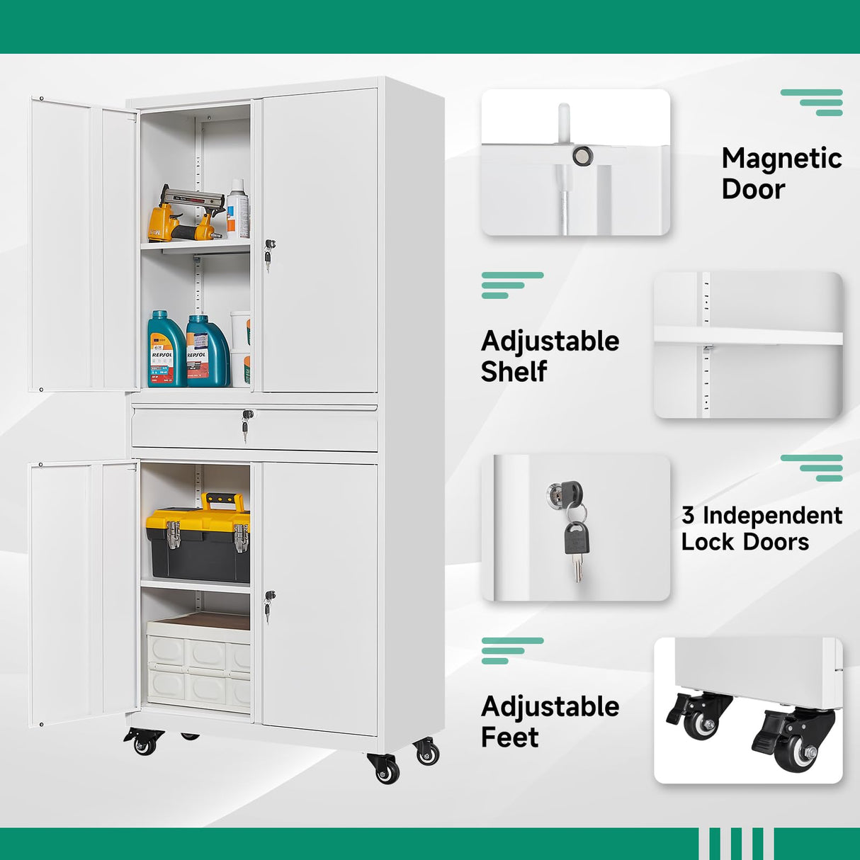 Letaya Metal Garage Storage Cabinet with Wheels,72“ Rolling Tool Cabinet with 4 Door Lock-Adjustable Shelves and Drawer for Garage Home Office Utility Room (White with Wheels) Letaya