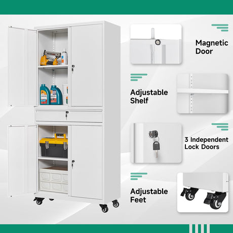 Letaya Metal Garage Storage Cabinet with Wheels,72“ Rolling Tool Cabinet with 4 Door Lock-Adjustable Shelves and Drawer for Garage Home Office Utility Room (White with Wheels) Letaya