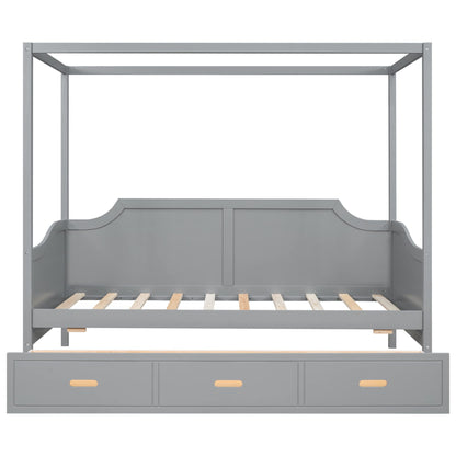 Twin Size Canopy Bed Frame with 3 Storage Drawers,Wood Canopy Bed Frame,4-Post Canopy Bed Twin Size for Kids,Teens,Adults,Gray