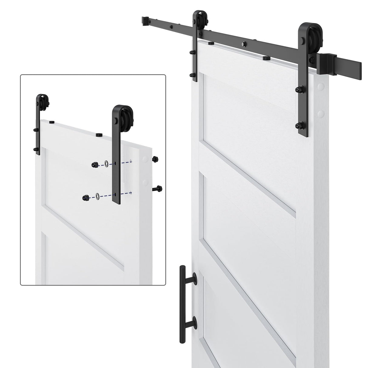COSHOMER 32in x 84in Sliding Barn Door with 6ft Barn Door Hardware Kit & Handle, Pre-Drilled Holes Easy Assembly -Solid Barn Door Slab Covered with Water-Proof PVC Surface, White, 5 Panel COSHOMER
