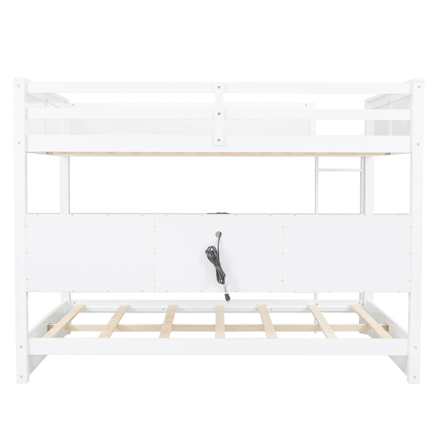 Modern Queen Over Queen Bunk Bed, Multifunctional Wood Bunk Bed with Storage Cabinets and USB Ports for Kids Teens Adults Bedroom (White-2)