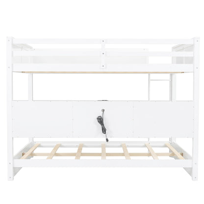 Modern Queen Over Queen Bunk Bed, Multifunctional Wood Bunk Bed with Storage Cabinets and USB Ports for Kids Teens Adults Bedroom (White-2)