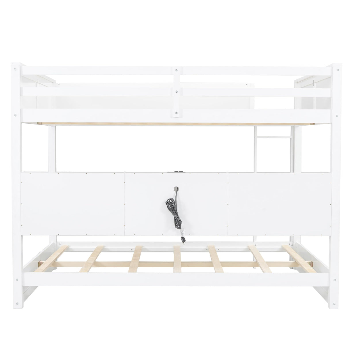 Ball & Cast Queen Over Queen Bunk Bed with 6 Storage Cabinets and USB Ports,Wooden Bedframe w/Ladder & Guardrails,Space Saving,Solid Wood Slats Support,for Student Dorms,Guest Rooms,White Ball & Cast