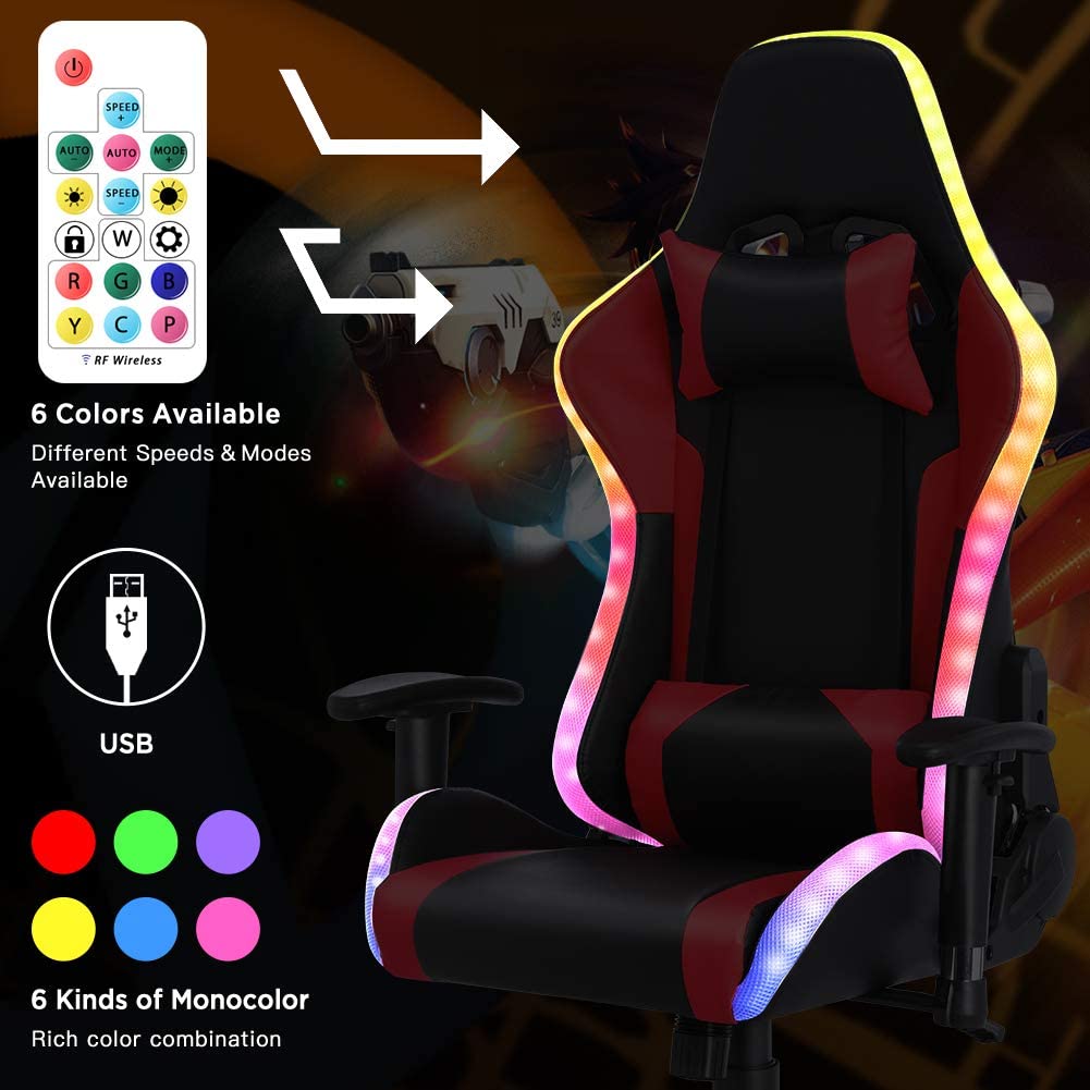 LED Gaming Chair with Speakers, Seven-points Massage Computer Chair with Footrest,Ergonomic Racing Office Chair PU Leather Recliner 360°Swivel Gamer Chair with Lumbar Support Headrest Armrest,Black XNSHUNHOYN
