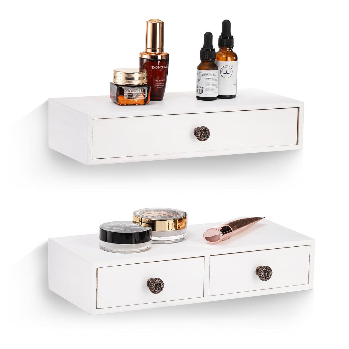 Yesland 2 Packs Floating Nightstand with Drawer - Rustic Wood Floating Wall Mounted Drawers Floating Shelf with Drawer for Living Room, Bedroom, Kitchen, Wall Decor, Storage, Display - White Yesland