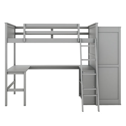 SOFTSEA Grey Full Size Loft Bed with Wardrobe, Desk & Storage Shelves for Enhanced Living - WoodArtSupply