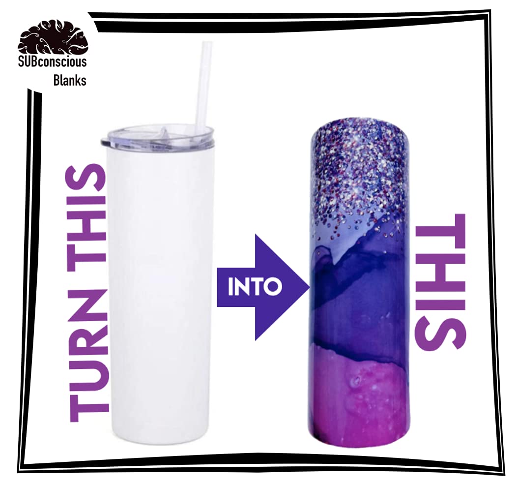 10 Pack 20oz Sublimation White Straight Skinny Tumbler with Plastic Straw, Sublimation Tumblers for Heat Transfer DIY, Sublimation Blanks, Mugs, Double Walled Stainless Steel Travel SUBconscious Blanks