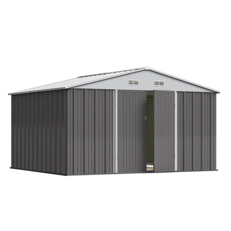 Greesum 10×8FT Outdoor Storage Shed, Metal Patio Storaged Sheds with Lockable Doors, Sheds & Outdoor Storage for Bike, Backyard, Pool and Garden, Gray Greesum