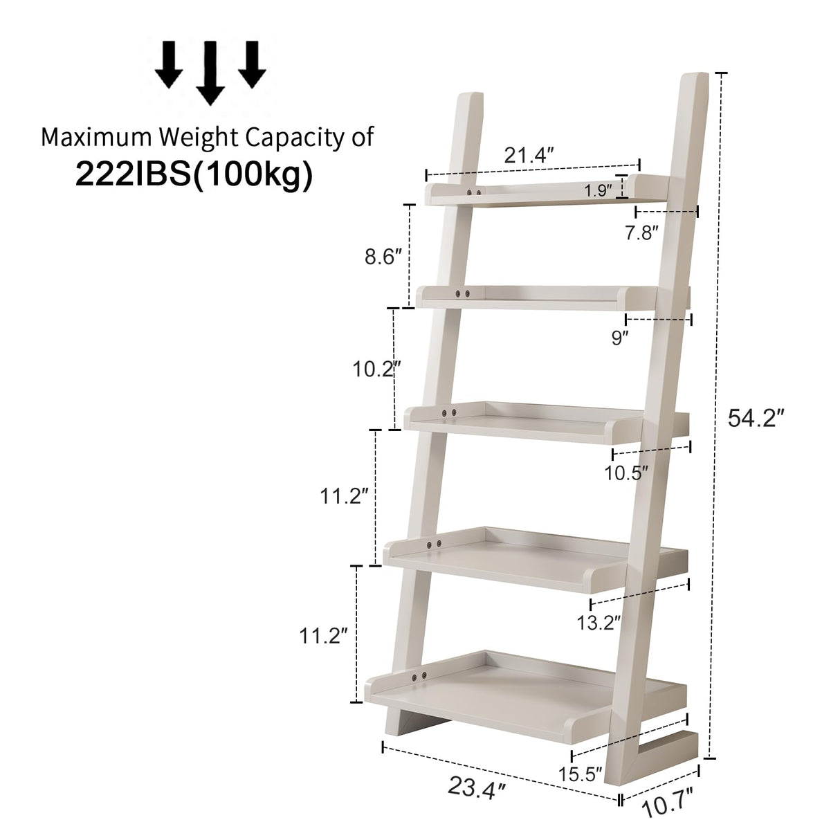 AQIMUELE White Wooden Ladder Shelf with Edges, 5-Tier Modern Leaning Bookshelf Ladder – Stylish Space-Saving Bookcase for Living Room, Bedroom & Home Office AQIMUELE