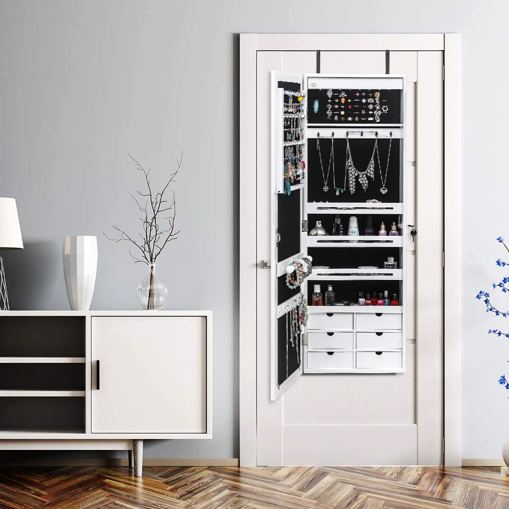 Full Length Mirror Jewelry Cabinet - 4-Layer Shelf Wall Mounted Jewelry Organizer with 8 LED Lights - Jewelry Armoire with Mirror And 6 Drawers - Wall and Door Hanging Jewelry Organizer - White WEI WEI GLOBAL