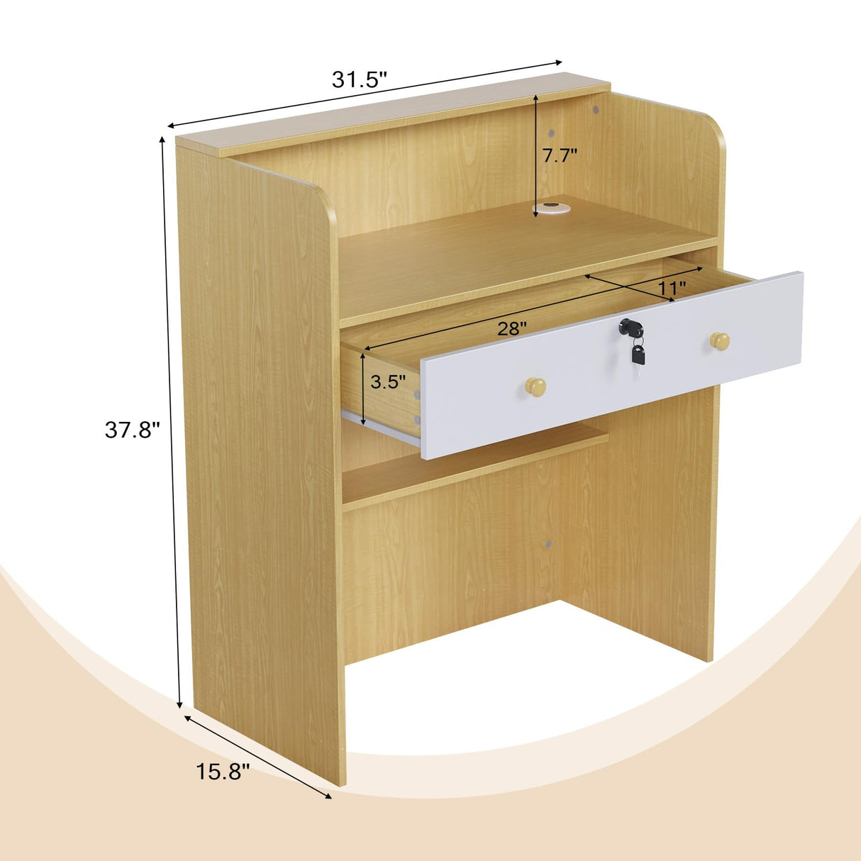 OmySalon Reception Desk with Counter, Small Front Desk w/Lockable Drawer, Wooden Modern Reception Table for Salon Lobby Office Home (Original Wood, 32) OmySalon