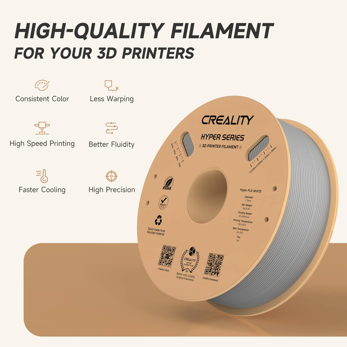 Official Creality Hyper PLA Filament 1.75mm, High Speed PLA 30-600mm/s 3D Printer Filament, Dimensional Accuracy +/-0.02mm, Fit Most FDM 3D Printers, 1KG(2.2lbs) Spool Gray Creality