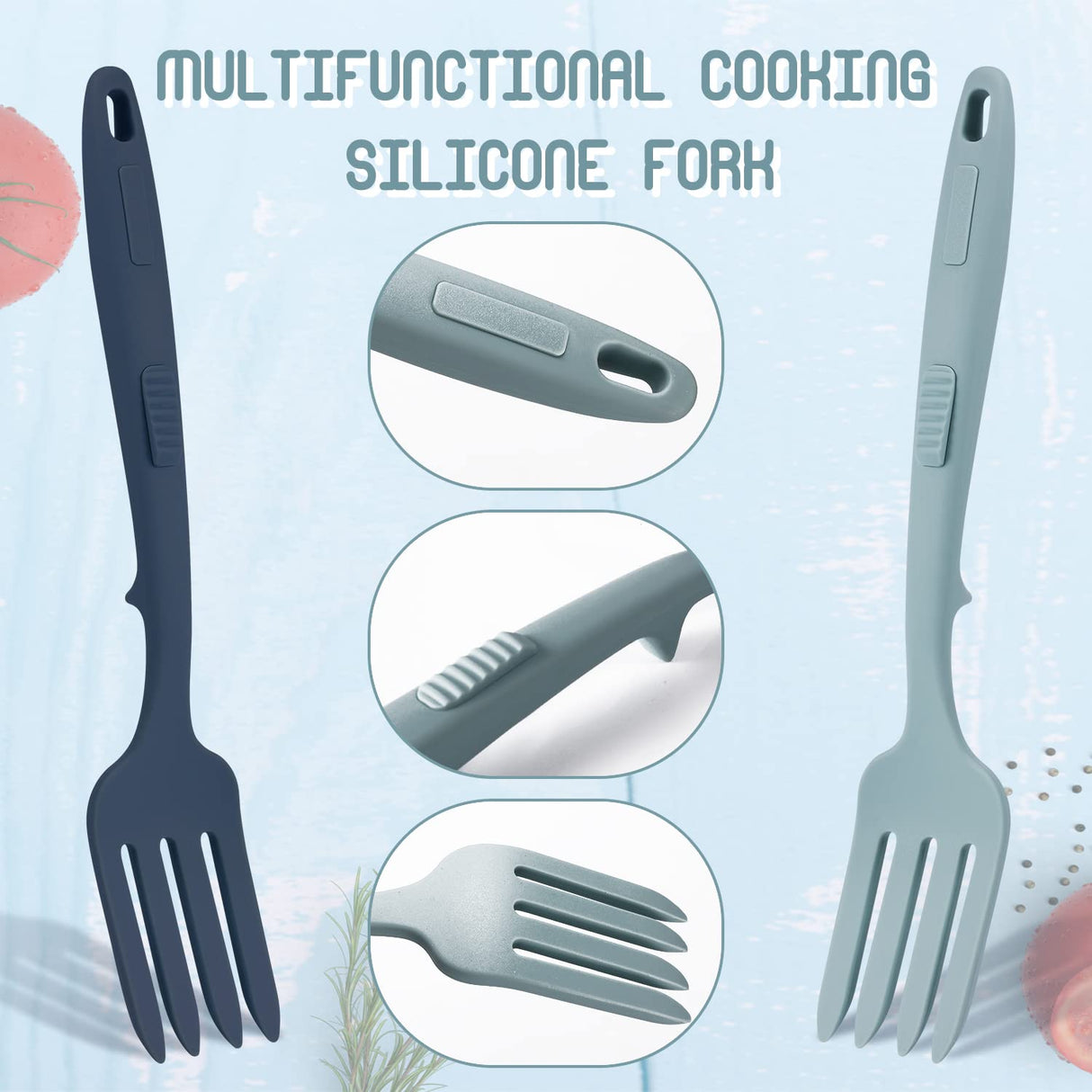 2pcs Silicone Flexible Forks, Silicone Cooking Fork Heat Resistant, Multifunctional Nonstick Blending Fork for Cooking Utensil for Kitchen Stir Mix Mash (Lake Blue, Dark Blue) KINBOM