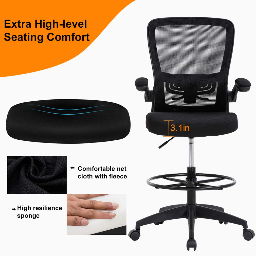 Drafting Chair Tall Office Chair Adjustable Height with Lumbar Support Flip Up Arms Footrest Mid Back Task Mesh Desk Chair Computer Chair Drafting Stool for Standing Desk, Black BestOffice