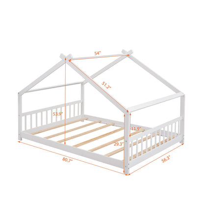 Full House Beds White Montessori Bed Wood Frame Kids Platform Bed with Headboard & Footboard for Children Boys Girls Teens - WoodArtSupply