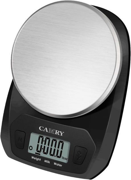 CAMRY Food Scale Portable Kitchen Scales Digital Weight Grams and Ounces Stainless Steel Panel for Baking Cooking Weight Loss, Accurate Bread Coffee Scale, 1g Increment Tare Function Small Size, Black CAMRY