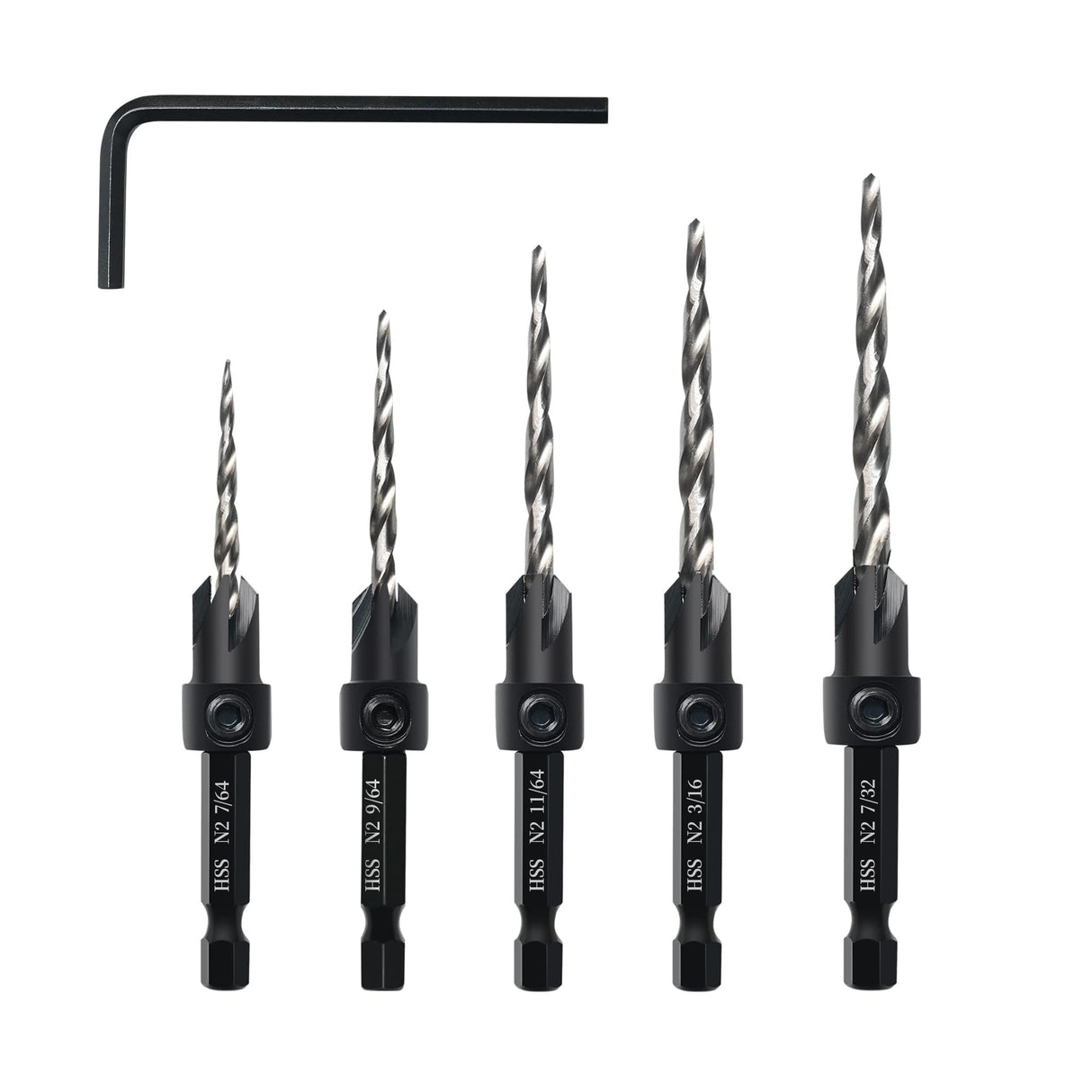AIMLENTOOL Countersink Drill Bit Set, 5PCS Tapered Drill Bits, M2 Countersink Set with 1/4" Hex Shank Quick Change and 1 Allen Wrench for Woodworking, Pilot Screw Hole Set for Soft & Hard Wood AIMLENTOOL
