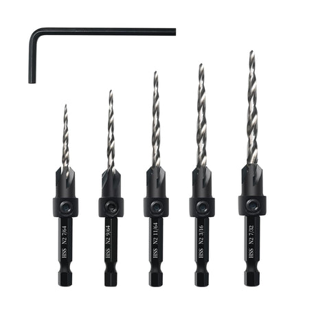 AIMLENTOOL Countersink Drill Bit Set, 5PCS Tapered Drill Bits, M2 Countersink Set with 1/4" Hex Shank Quick Change and 1 Allen Wrench for Woodworking, Pilot Screw Hole Set for Soft & Hard Wood AIMLENTOOL