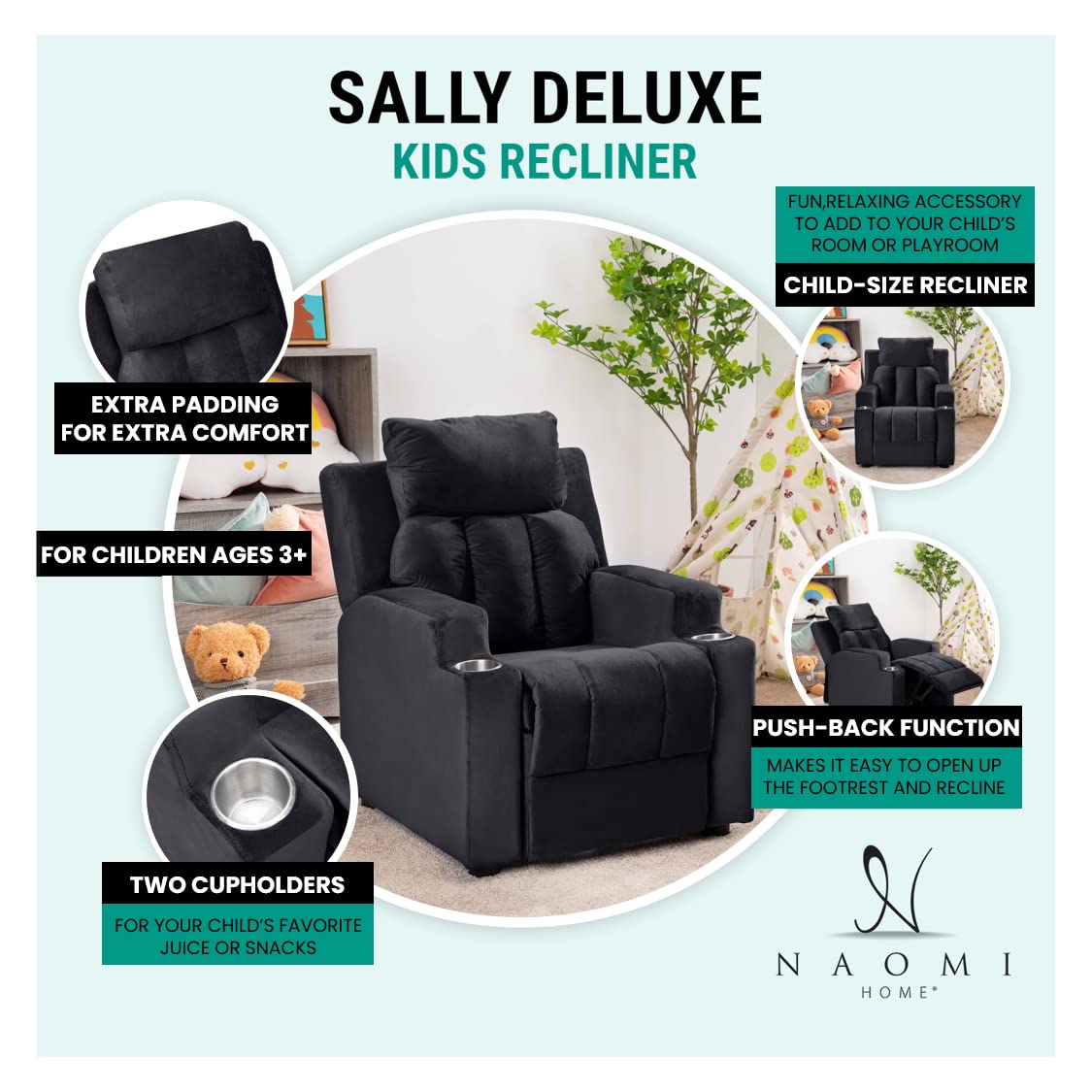 Naomi Home Sally Deluxe Kids Recliner Chair with Footrest & 2 Cup Holders, Push Back Toddler Recliner with Cup Holder, Microfiber Kids' Recliners for Age 3+, Kid Recliners for Girls Boys Black Naomi Home