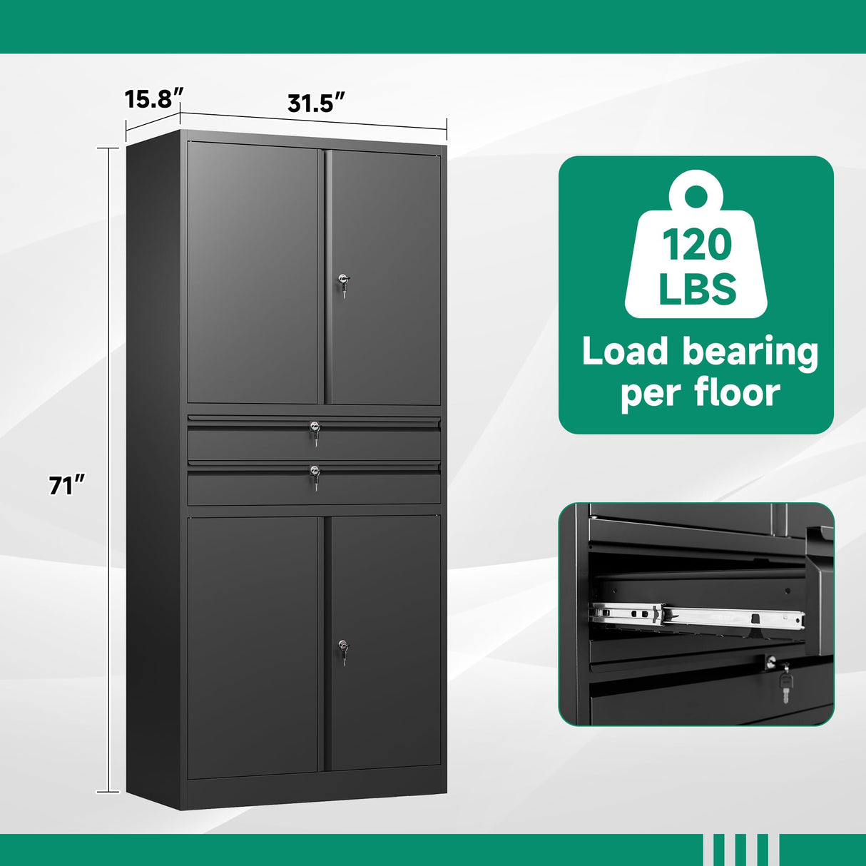 Letaya Metal Garage Storage Cabinet,71" Heavy Duty Steel Cabinet Tool Cabinet with 4 Door Lock-Adjustable Shelves and 2 Drawer for Garage Home Office Utility Room (Black) Letaya