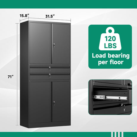 Letaya Metal Garage Storage Cabinet,71" Heavy Duty Steel Cabinet Tool Cabinet with 4 Door Lock-Adjustable Shelves and 2 Drawer for Garage Home Office Utility Room (Black) Letaya