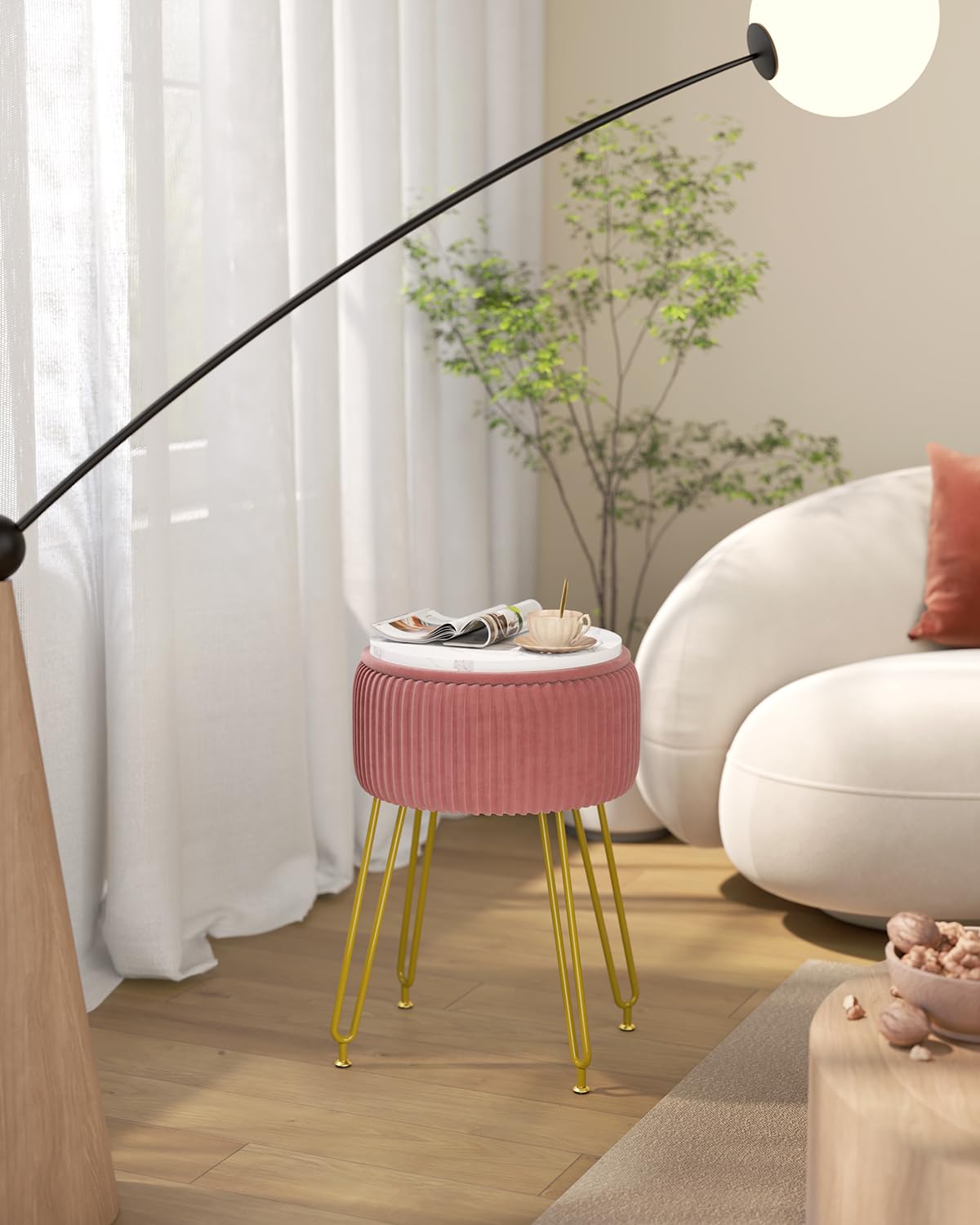 IBUYKE Velvet Storage Footrest Stool Ottoman, Makeup Vanity Stool Side Table with Golden Steel Legs Removable Cover, Coffee Table Top Cover, Pink LG-20P IBUYKE