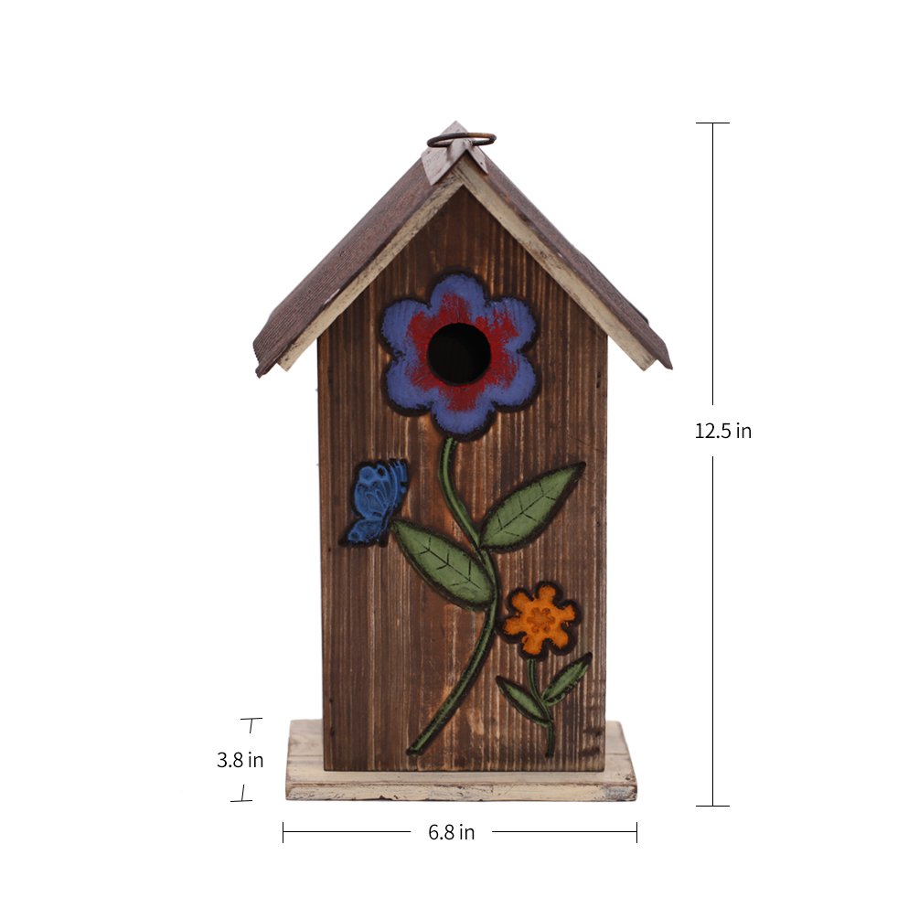 Topadorn Wooden Birdhouse Carved Floral Bird House for Outdoor Yard Garden Porch Patio Country Decor,Brown Hanging Bird House Topadorn