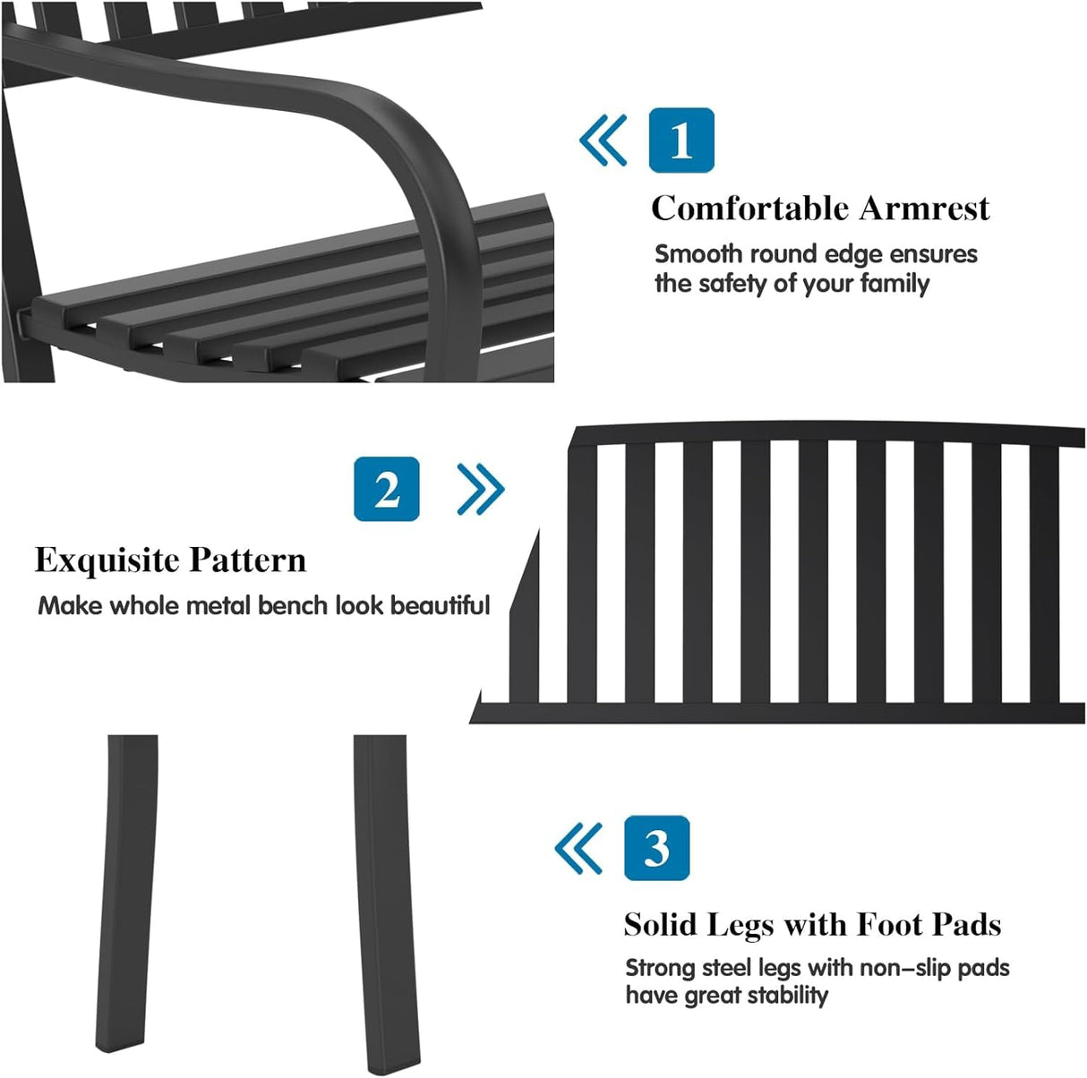 On Shine 50'' Outdoor Bench Weatherproof, Cast Iron All Metal Frame Garden Bench, Anti-Rust Patio Park Bench Clearance for Front Porch, Yard, Lawn, Deck On Shine