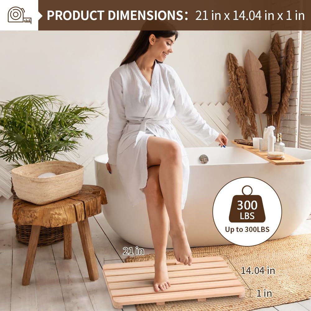 Wooden Bath Mat Non-Slip Hinoki Cypress Wood Shower Mat Waterproof Luxury Spa Bathtub Mat for Indoor or Outdoor Use, 21 x 14 x 1 Inches Rsuwiz