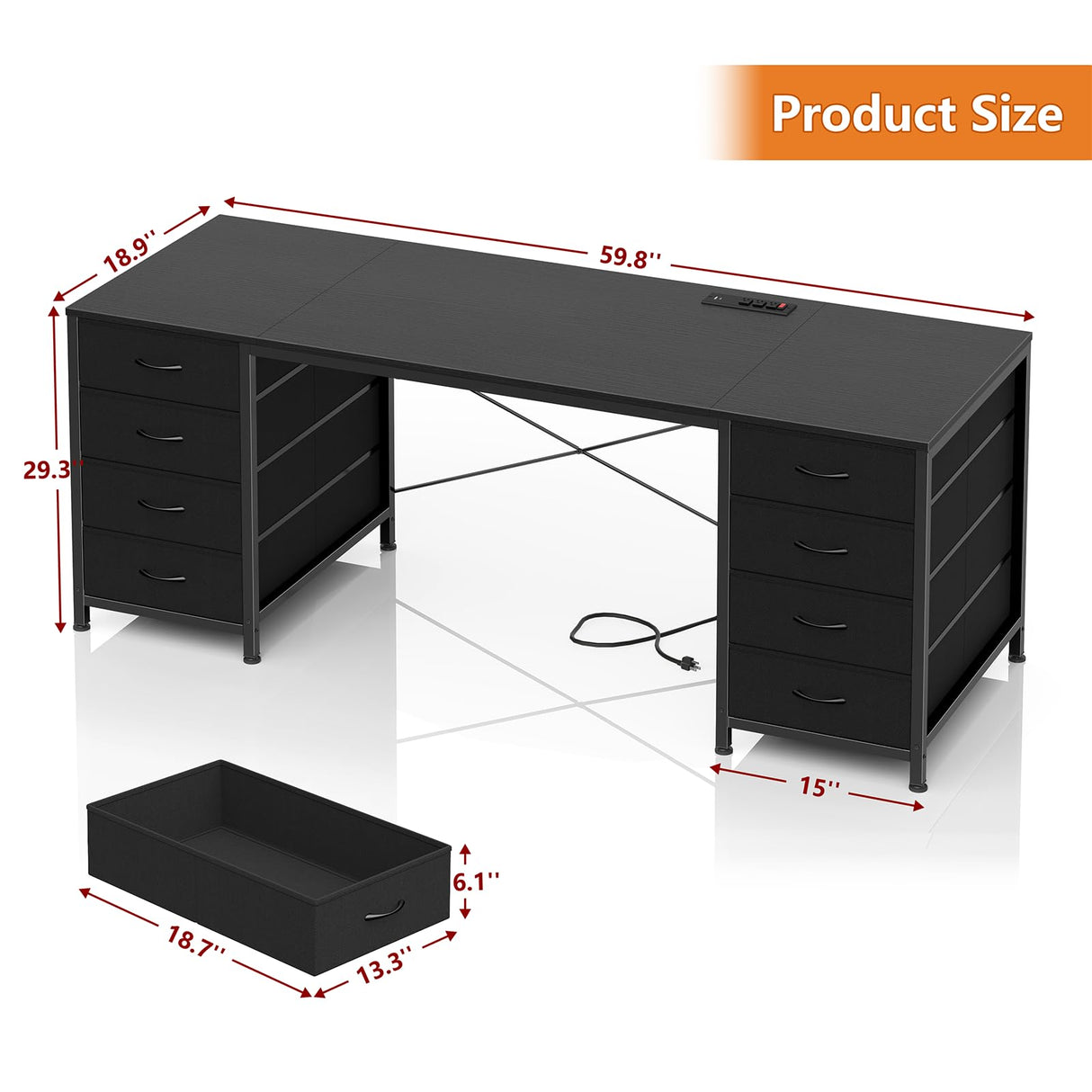 YOMILUVE 60 Inch Computer Desk with 8 Drawers, Home Office Desk with Power Outlets, Work Study Gaming Desk with 8 Fabric Drawers, Black YOMILUVE