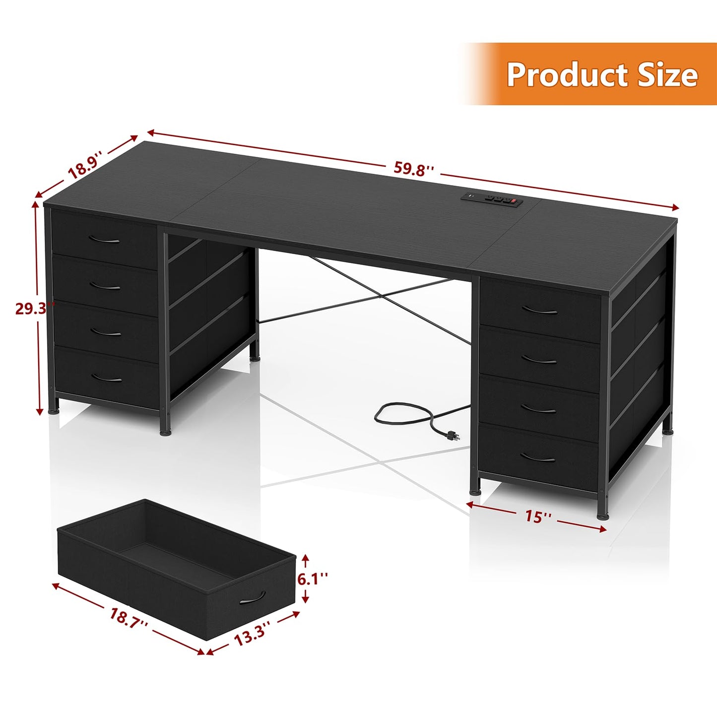 YOMILUVE 60 Inch Computer Desk with 8 Drawers, Home Office Desk with Power Outlets, Work Study Gaming Desk with 8 Fabric Drawers, Black