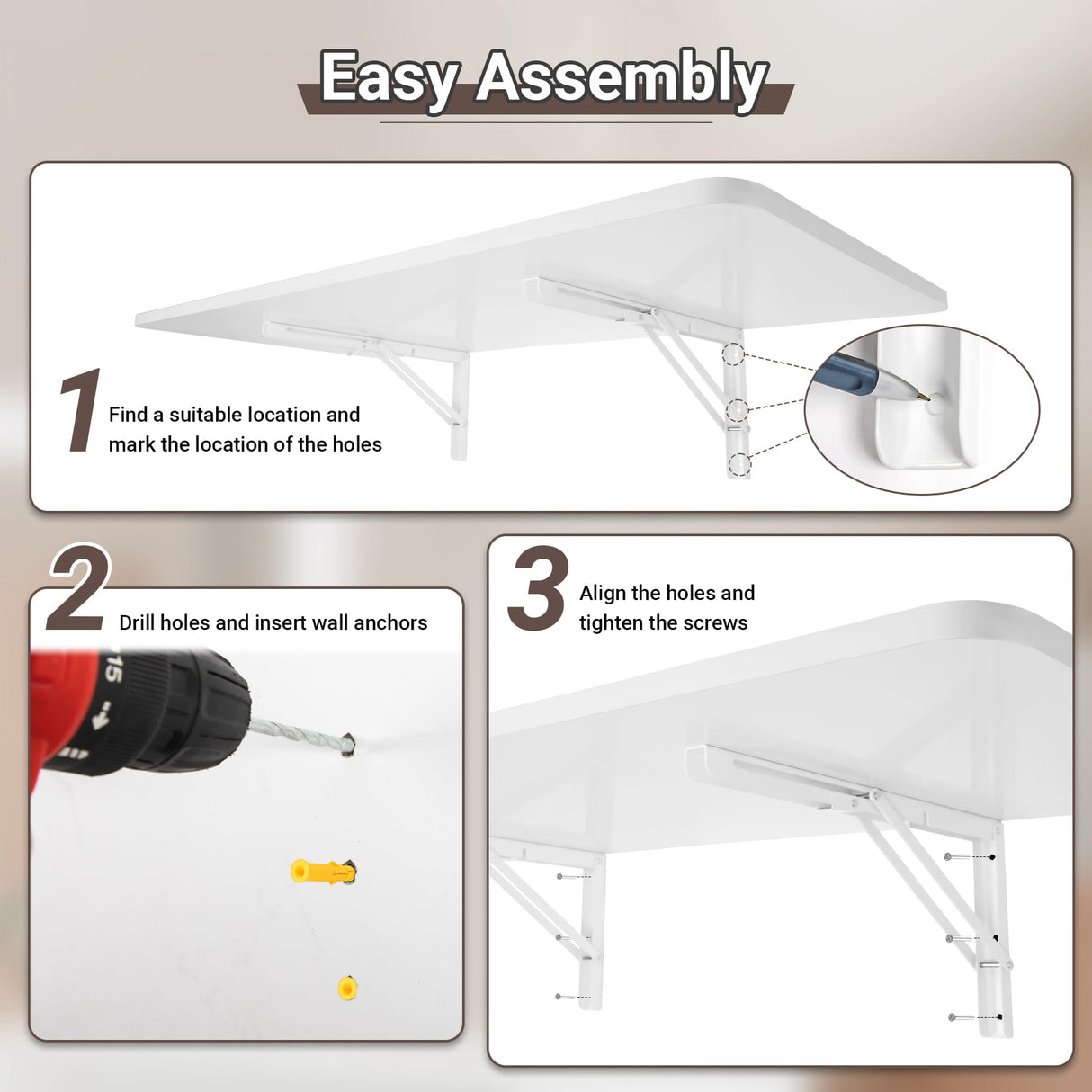 Neoaider Wall Mounted Folding Table 47.2”L x 19.7”W, Laundry Folding Table with Heavy Duty Metal Collapsible Shelf Brackets, 220 LBS Capacity, Wall Mounted Desk Fold Down for Small Spaces Neoaider