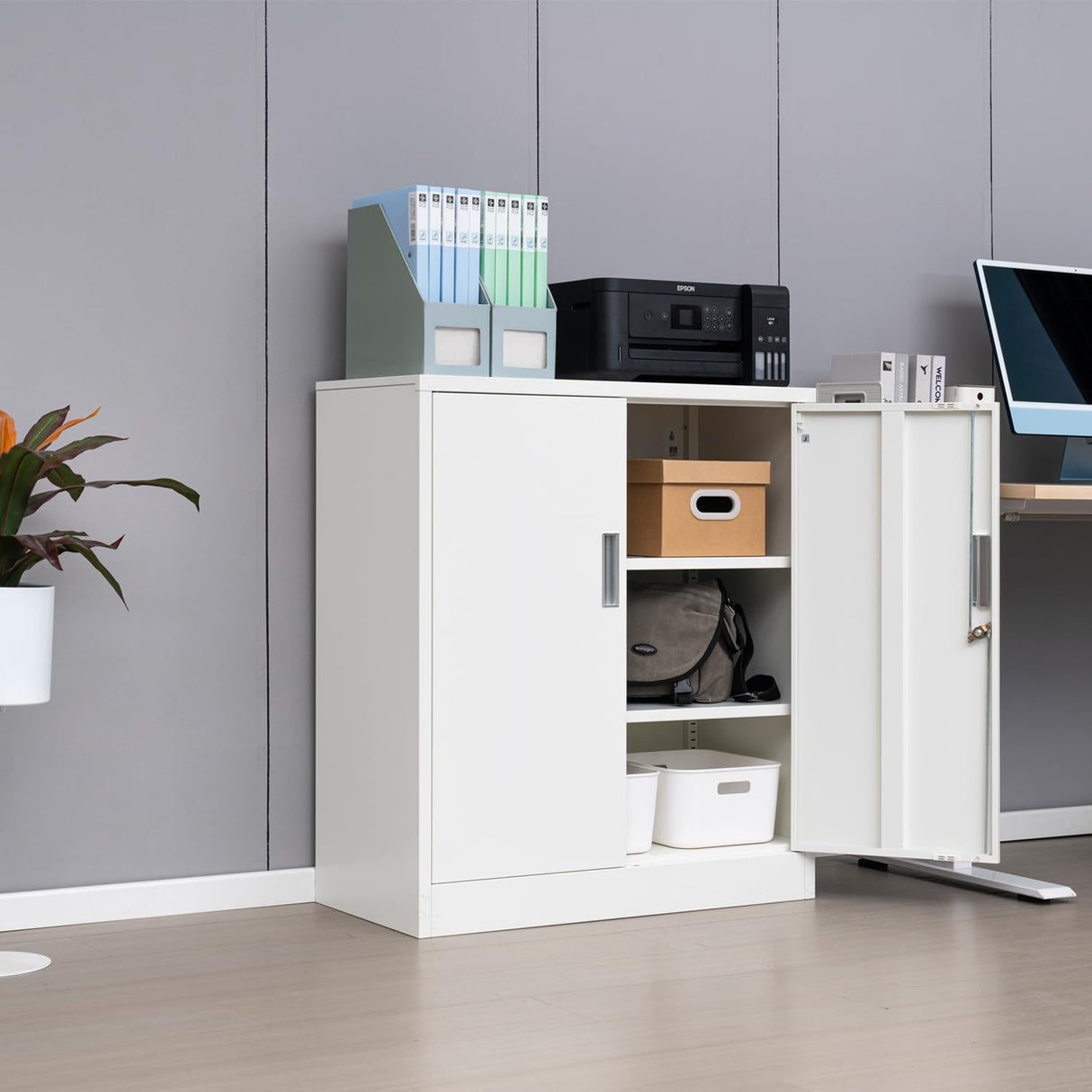 CJF Metal Storage Cabinets with Shelves and Doors, Steel Locking Cabinet for Home Office, Garage, Utility Room and Basement, 36.2" H x 31.5" W x 15.7" D (White) CJF