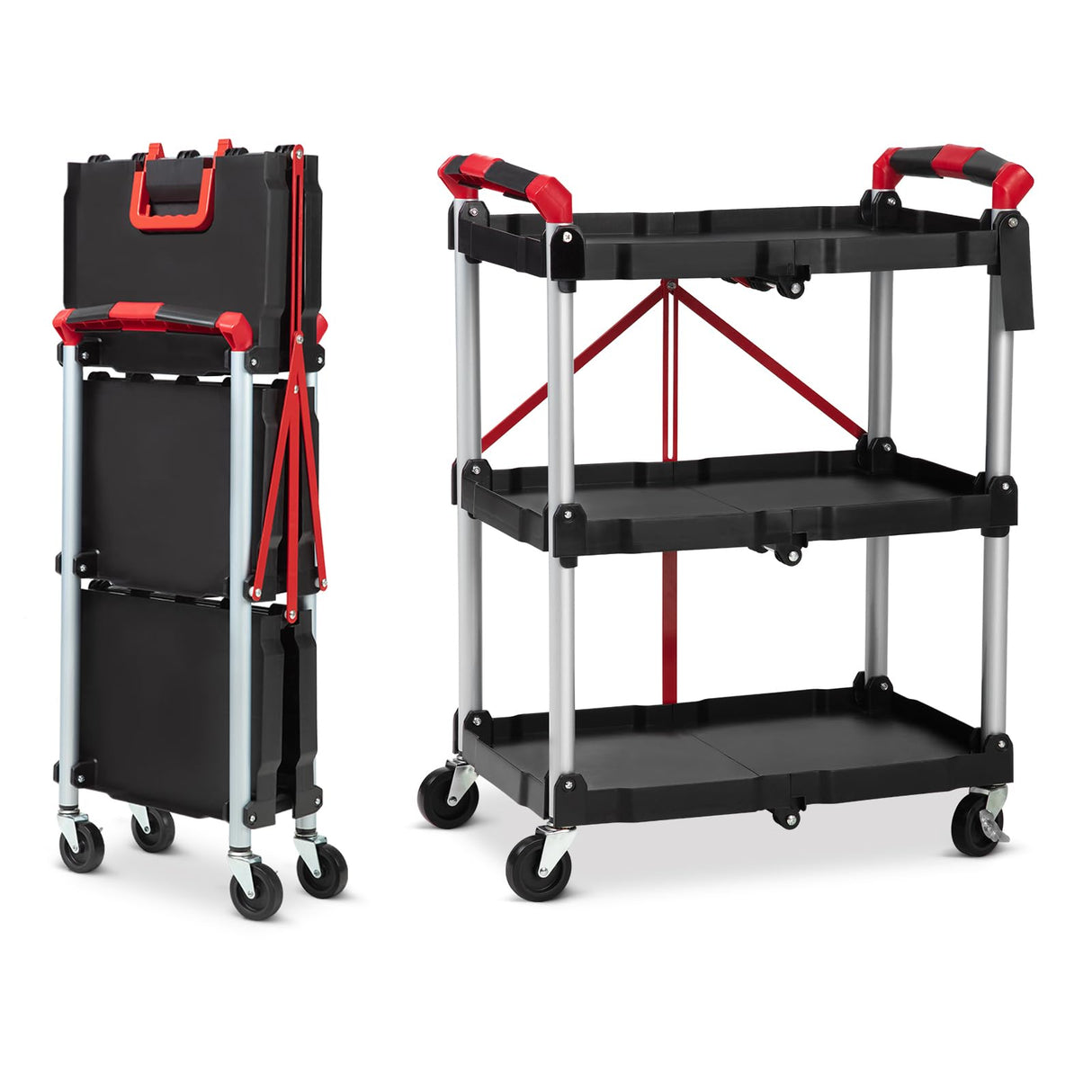 Collapsible Cart with Wheels, Service Cart, Rolling Carts with Wheels Foldable, 3 Tier Rolling Utility Cart, Folding Utility Shopping Cart for Bar, Kitchen, Office, Shopping, Garage PioneerWorks