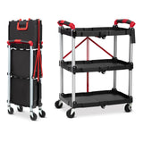 Collapsible Cart with Wheels, Service Cart, Rolling Carts with Wheels Foldable, 3 Tier Rolling Utility Cart, Folding Utility Shopping Cart for Bar, Kitchen, Office, Shopping, Garage PioneerWorks