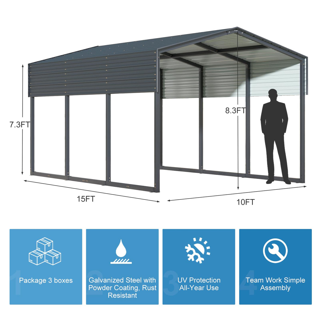 WELYAS 15×10 FT Heavy Duty Carport Canopy with Galvanized Steel Frame and Roof, All Metal Carport Garage, Car Shelter for Trucks, Boats, Tractors WELYAS