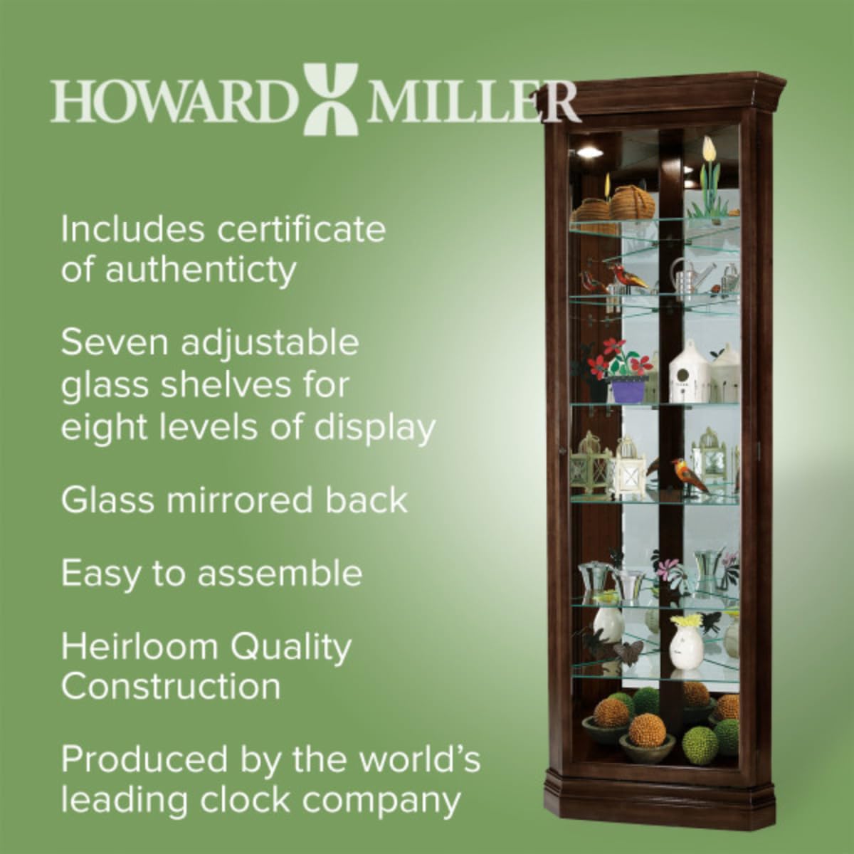 Howard Miller Dustin Corner Curio Cabinet - 80x28 Inches Showcase Espresso Finish Adjustable Shelves & Levelers Illuminated Interior Lightning Perfect for Living Room Office and Room Decor Howard Miller