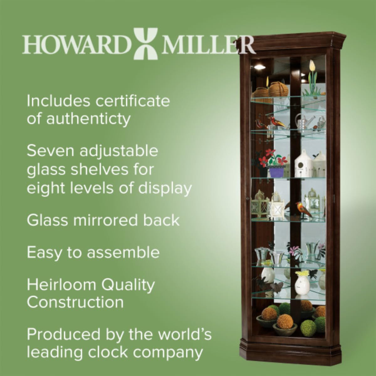 Howard Miller Dustin Corner Curio Cabinet - 80x28 Inches Showcase Espresso Finish Adjustable Shelves & Levelers Illuminated Interior Lightning Perfect for Living Room Office and Room Decor